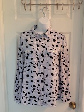 LOFT Light Blue Blouse with Black Amd White  Leaf Motif